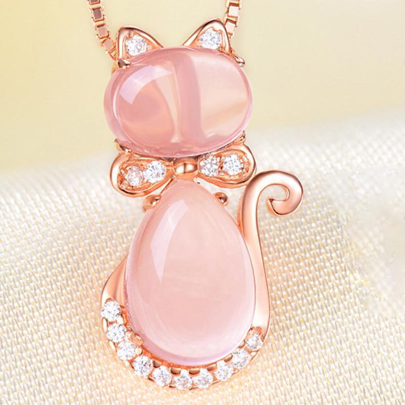 Pink Opal Kitty Rhinestone Necklace