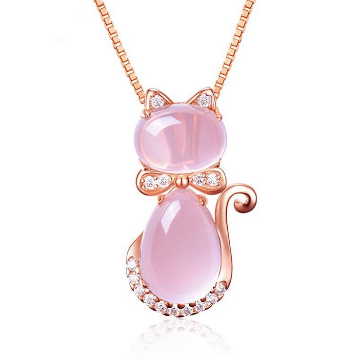 Pink Opal Kitty Rhinestone Necklace